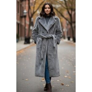Commense Overcoat Womens S Gray Faux Fur Notch Lapel Belted Double Breasted Cozy